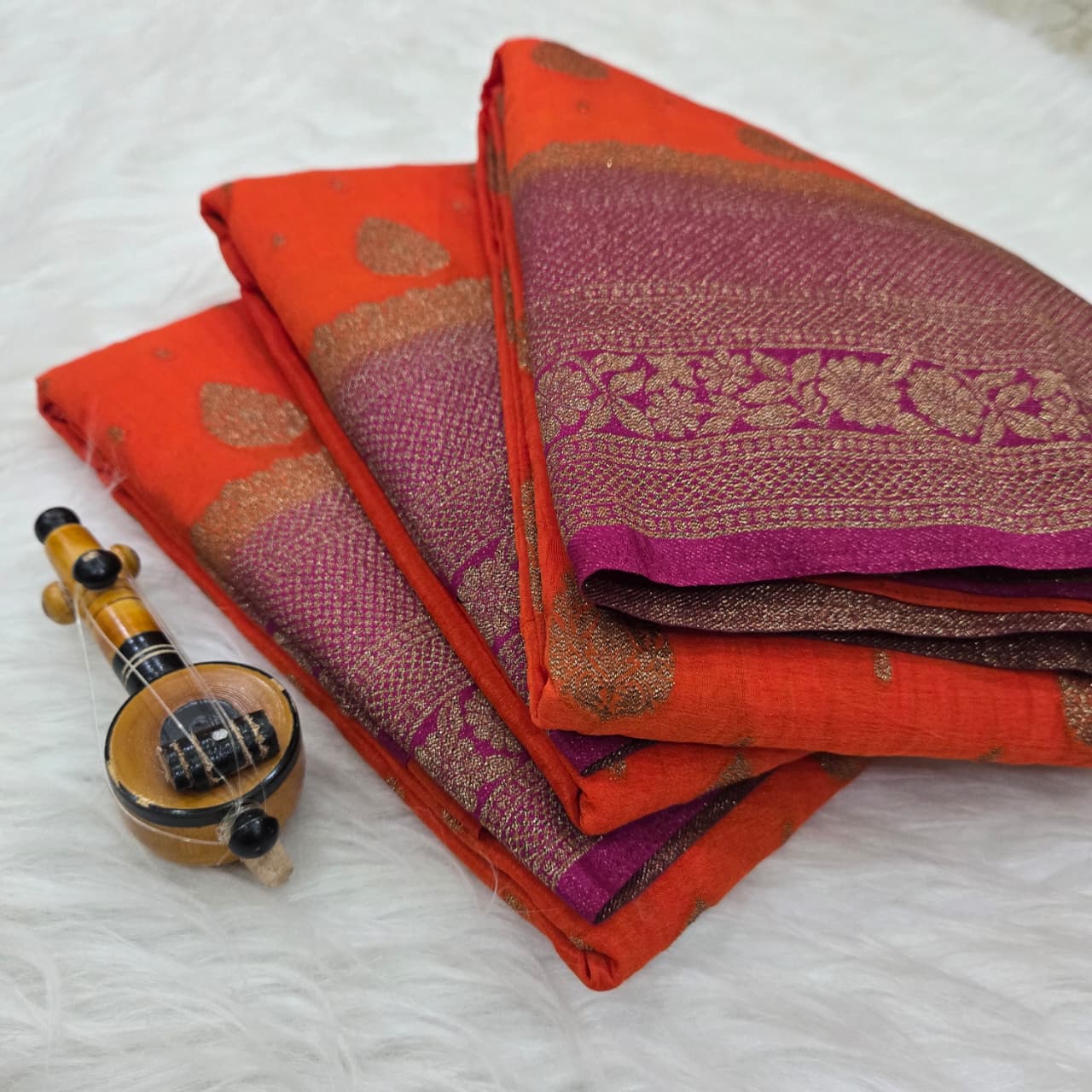 Bright Orange Semi Mysore Crepe Silk Saree with Golden Zari